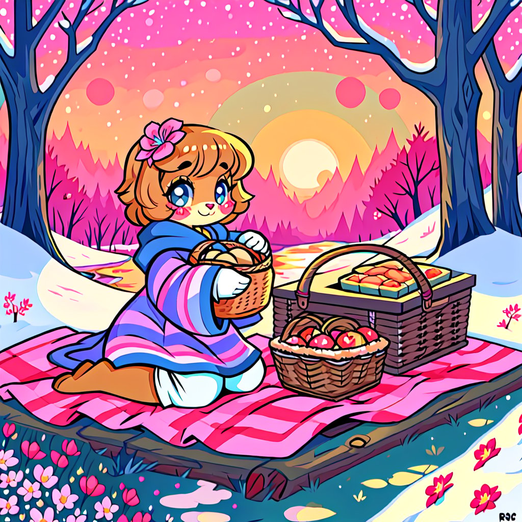 Solo_female,1930s (style), kawaii, outdoor, high_resolution, digital_art,|,a flowery field on a cold winter afternoon next to a brook| old blankets, bench, picnic, ruck_sack, basket, sack|,vectorstyle