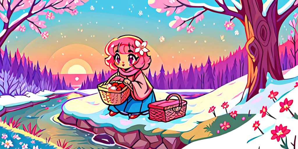 Solo_female,1930s (style), kawaii, outdoor, high_resolution, digital_art,|,a flowery field on a cold winter afternoon next to a brook| old blankets, bench, picnic, ruck_sack, basket, sack|,vectorstyle