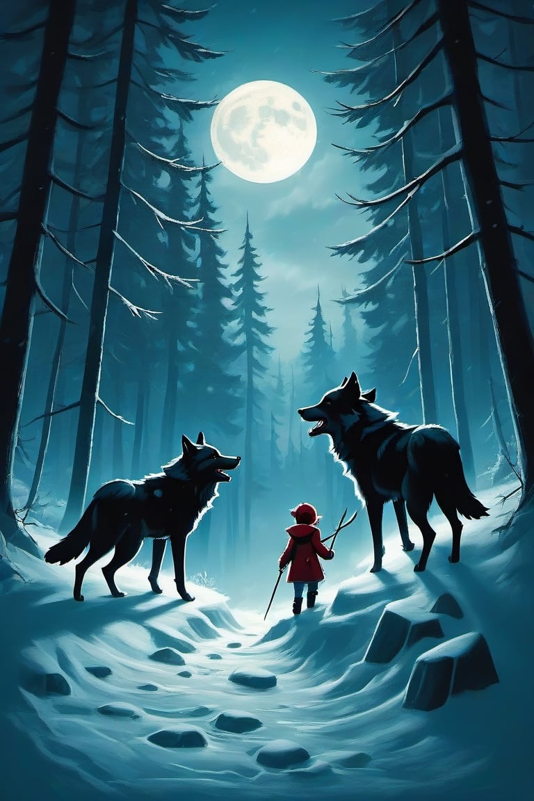 Create a captivating and whimsical 1950s movie poster for a 1920s juvenile horror/humor novel titled "The Howl of the Wendigo," part of the series "The Wolves of Blood Creek" by J.R. Ghostwood.

Key Elements:

Setting: A snowy landscape with a hint of eerie moonlight, conveying the chilling winter atmosphere.

Characters: Include the main characters, Sagie, Lavie, and Birdie, standing united against the backdrop of the menacing Wendigo's eyes in the storm.

Wolves: Showcase the Blood Creek wolves, emphasizing their pack dynamic and unique personalities.

Humor and Horror: Infuse a balance of humor and horror elements to reflect the book's dual genre, perhaps through the expressions and interactions of the characters.

Title and Series: Clearly highlight "The Howl of the Wendigo" as the title, and "The Wolves of Blood Creek" as the series, with the author's name, J.R. Ghostwood.

Feel free to play with color schemes, lighting effects, and visual elements that resonate with a juvenile horror/humor theme.