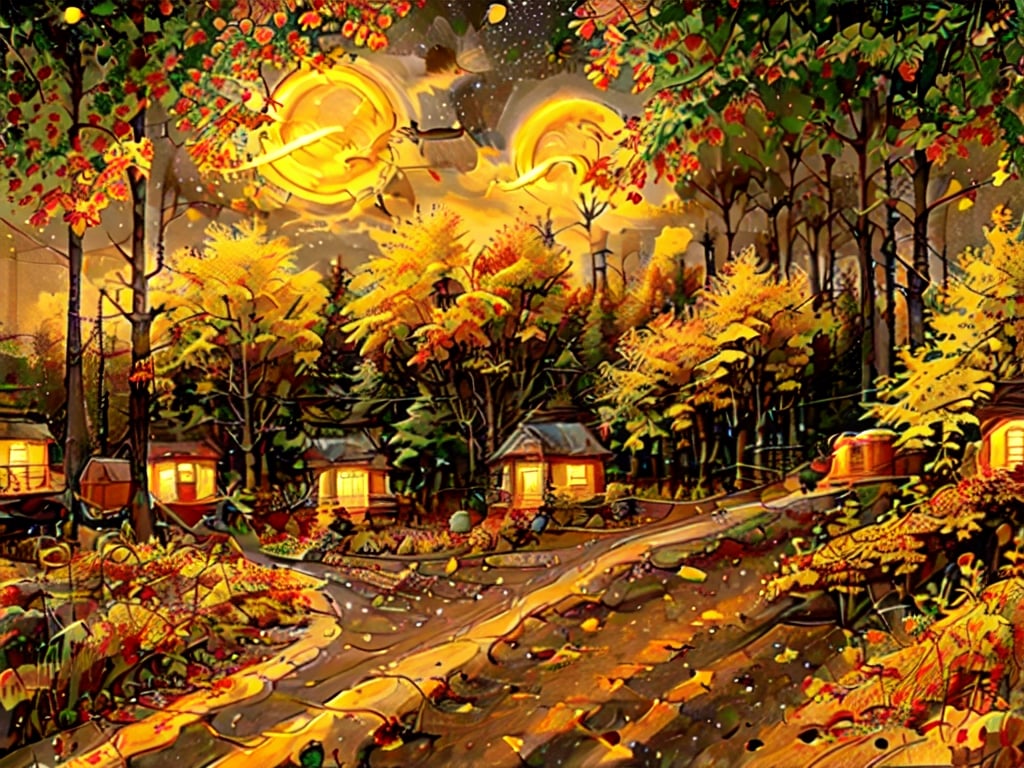 1930s (style),a cabins;s surrounded by fall maple trees on a star-filled  night Sketch, autumn_leaves, star_(sky),Lofi,LOFI,cassdawnlvl1,day,EpicArt