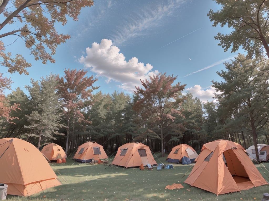 1930s (style),a campground surrounded by fall maple trees on a star-filled  night Sketch, autumn_leaves, star_(sky),Lofi,LOFI,cassdawnlvl1,day