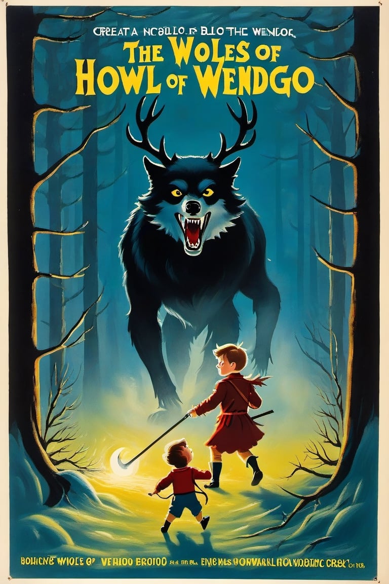 a 1950s movie poster for a 1920s Create a captivating and whimsical book cover for the juvenile horror/humor novel titled "The Howl of the Wendigo," part of the series "The Wolves of Blood Creek" by J.R. Ghostwood.