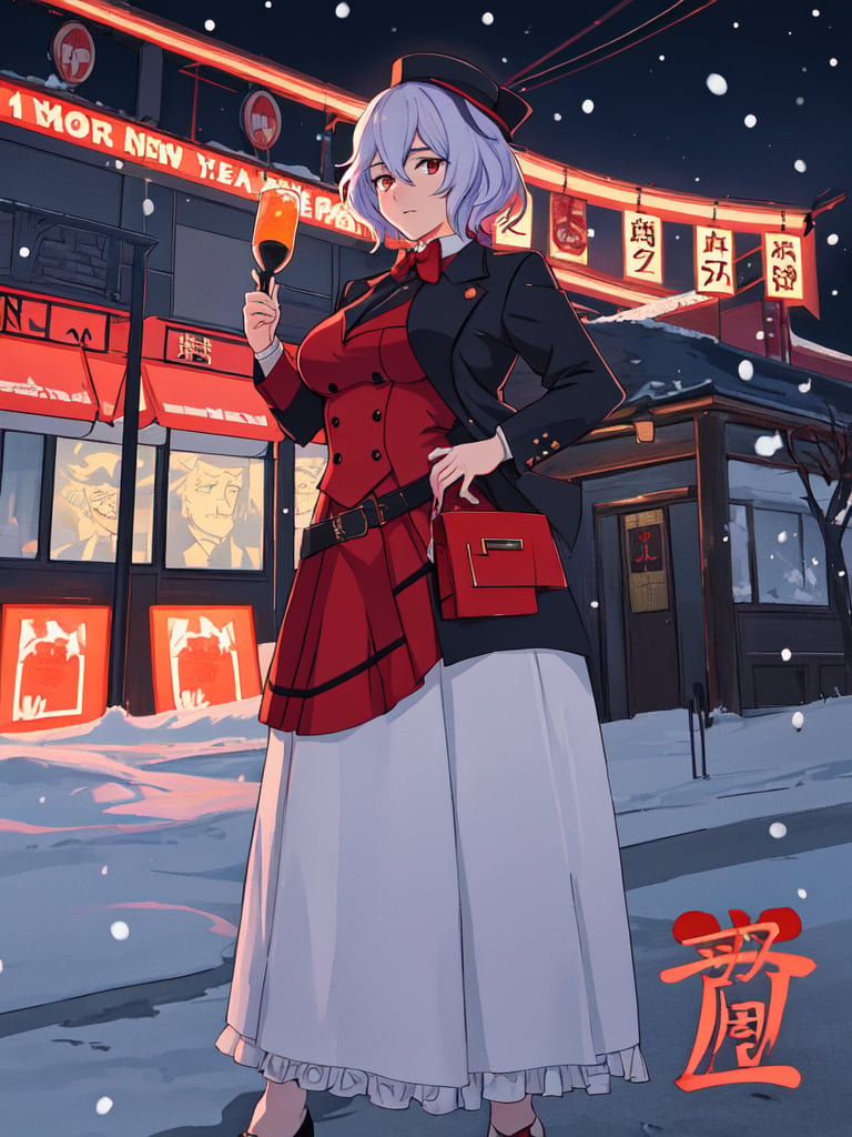 a retro anime gangster murder mystery poster "Janus Nash and a Haunted New Year.", a cold creepy snow-covered town, the shadowy-faced man hiding in the shadows with a scared beautiful young red-headed female jazz singer ghost in the distance path, accentuated black lines, 8k resolution, professional, unsettling shadows