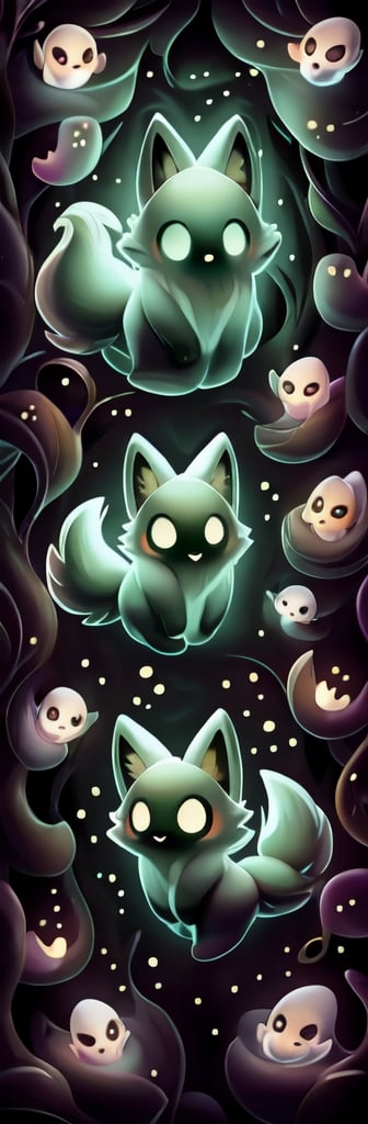 a cute scared wolf pup with sage colored fur lost in a haunted foggy forest, Chibi, sage, fog, ghosts,forest