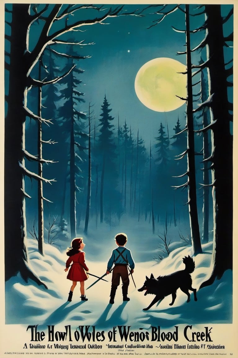 a 1950s movie poster for a 1920s Juvenile horror movie for Title: The Howl of the Wendigo Series: The Wolves of Blood Creek, by J.R. Ghostwood,Xxmix_Catecat