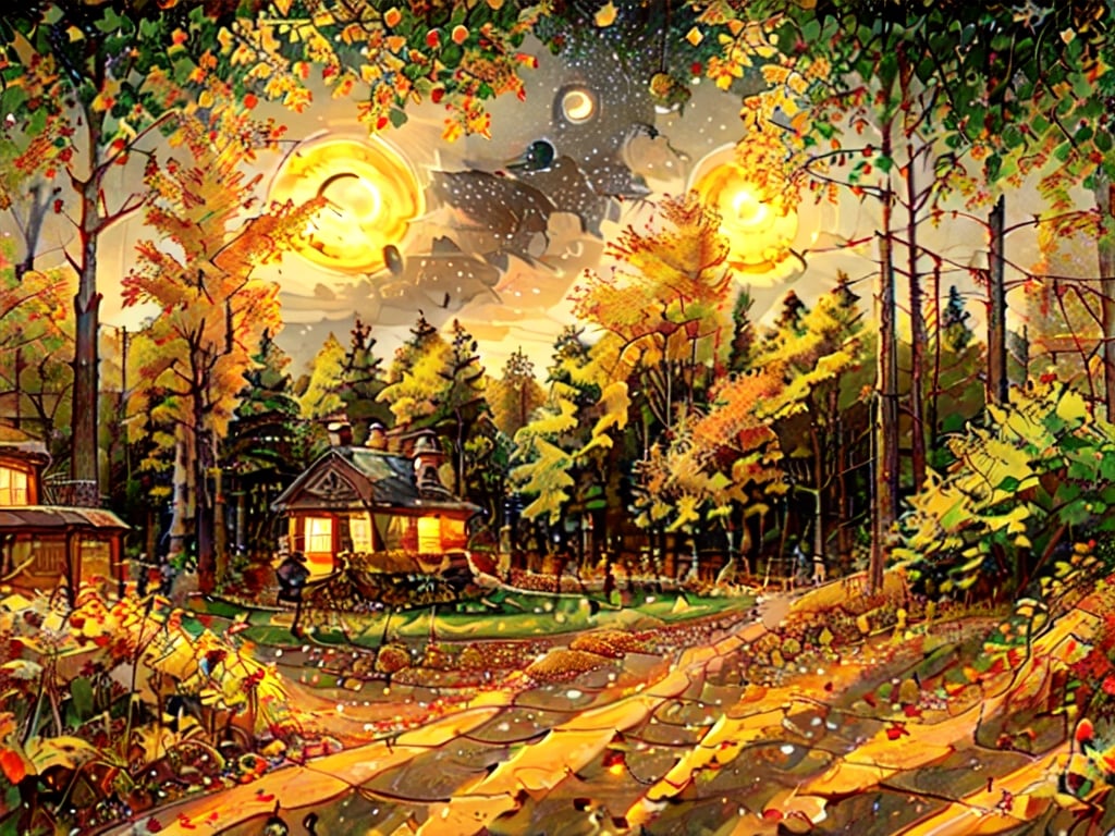 1930s (style),a cabins;s surrounded by fall maple trees on a star-filled  night Sketch, autumn_leaves, star_(sky),Lofi,LOFI,cassdawnlvl1,day,EpicArt