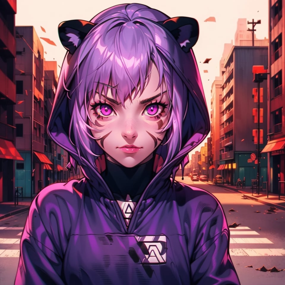 mater piece, beautiful girl in an abandoned town, red_panda, paw_gloves, Fur_boots, animal_marking, face_paint, chocolate_hair, violet_eyes, furry_jacket,yofukashi background, zombies,hinata,1990s \(style\),kusanagi motoko,city