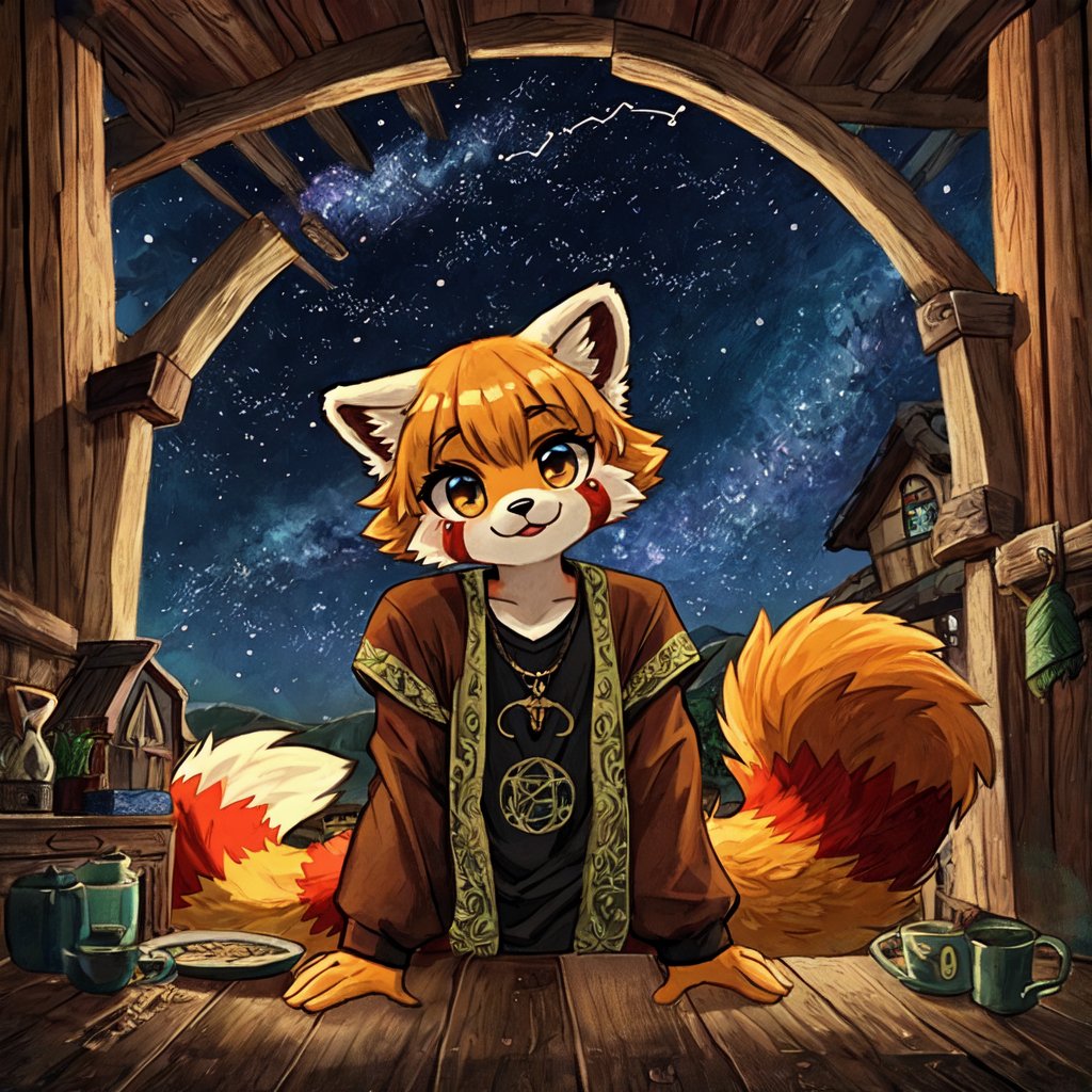 1930s (style), kawaii, a full-body portrait of an anthropomorphic male golden retriever with red panda fur markings fursuit, with glowing celestial constellation face tattoos wearing a bohemian-style outfit, with a mix of Yakut and Sami symbolism embroidered on his shirt, surrounded by the rustic beauty of a Welsh village, complex lighting and shadows,FFIXBG