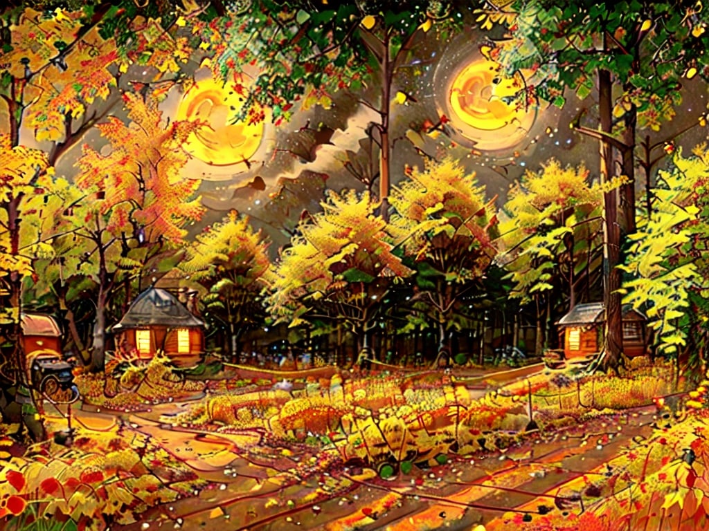 1930s (style),a cabins;s surrounded by fall maple trees on a star-filled  night Sketch, autumn_leaves, star_(sky),Lofi,LOFI,cassdawnlvl1,day,EpicArt