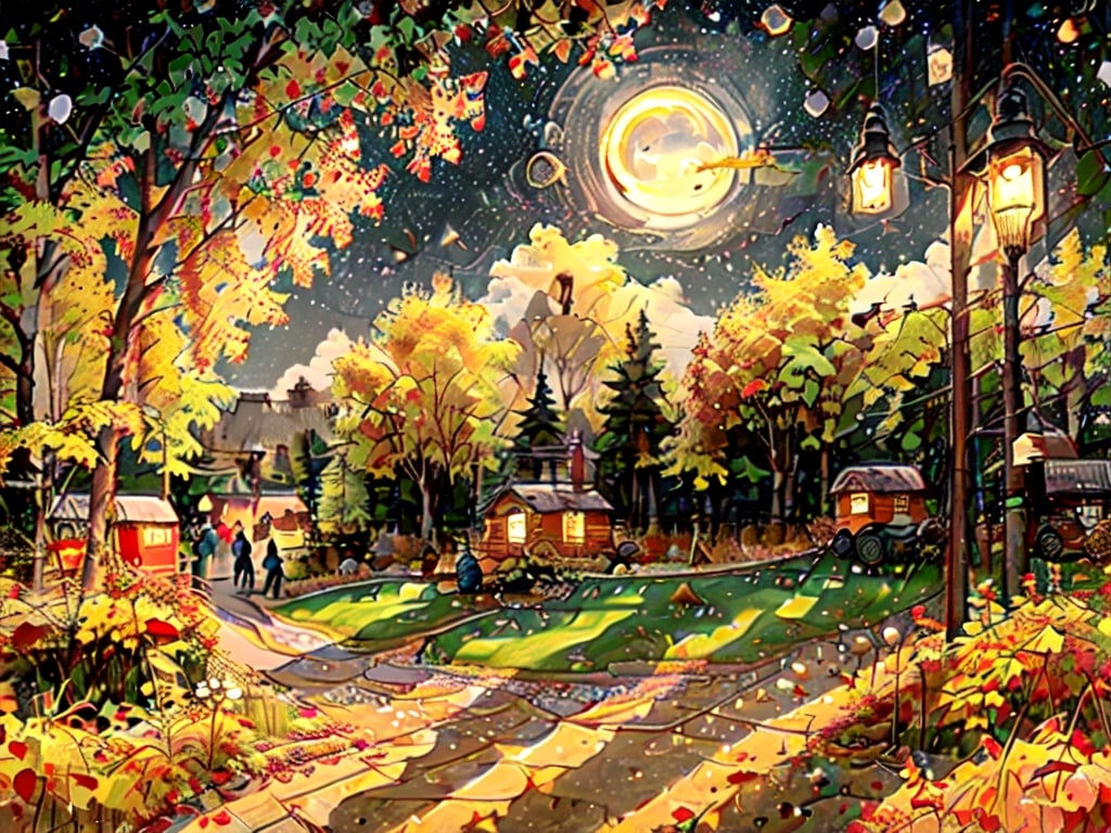 1930s (style),a cabins;s surrounded by fall maple trees on a star-filled  night Sketch, autumn_leaves, star_(sky),Lofi,LOFI,cassdawnlvl1,day,EpicArt