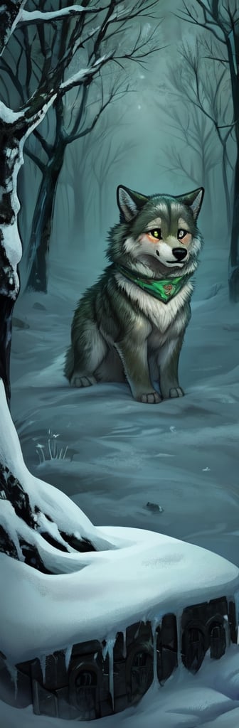 Masterpiece, A small, trembling wolf pup with shaggy fur the color of sage green, lost in a foggy and haunted snow covered forest. Its eyes dart around nervously, searching for a way out. Suddenly, it spots a graveyard in the distance, sending shivers down its spine. The pup clutches onto its old, tattered green neck bandana for comfort, but it knows it's in for a spooky adventure.,chibi