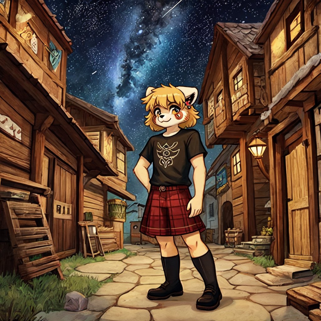 1930s (style), kawaii, a full-body portrait of an anthropomorphic male golden retriever with red panda fur markings fursuit, with glowing celestial constellation face tattoos wearing a bohemian-style outfit, with a mix of Yakut and Sami symbolism embroidered on his shirt, surrounded by the rustic beauty of a Welsh village, complex lighting and shadows,FFIXBG