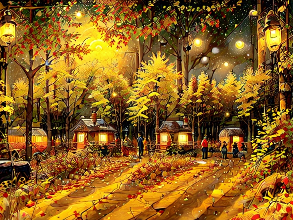 1930s (style),a cabins;s surrounded by fall maple trees on a star-filled  night Sketch, autumn_leaves, star_(sky),Lofi,LOFI,cassdawnlvl1,day,EpicArt