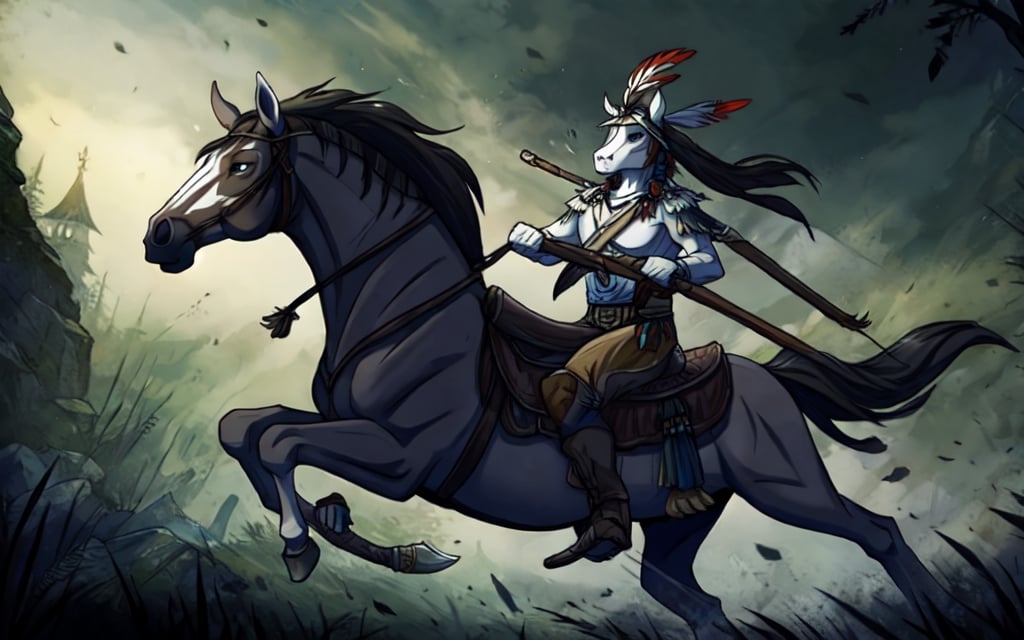 (masterpiece, best quality, ultra-detailed, 8K),(picture-perfect),cibertribal, headless horsemen, native, Indian, western, horse, riding,horseback_riding, horror, axe, sleepy hallow