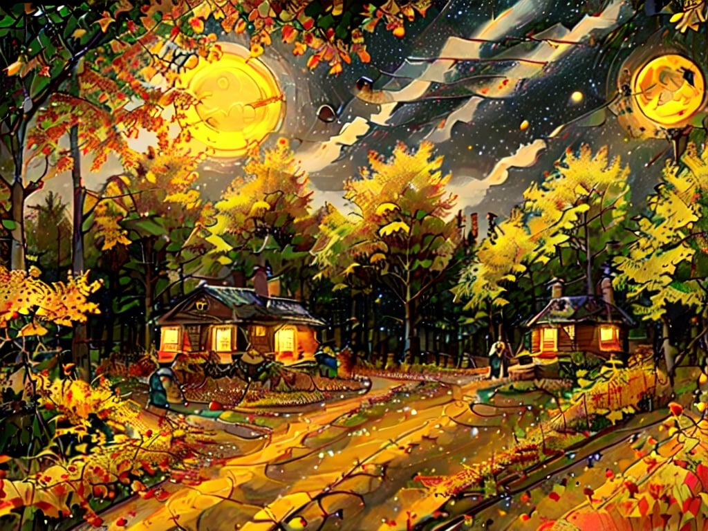 1930s (style),a cabins;s surrounded by fall maple trees on a star-filled  night Sketch, autumn_leaves, star_(sky),Lofi,LOFI,cassdawnlvl1,day,EpicArt