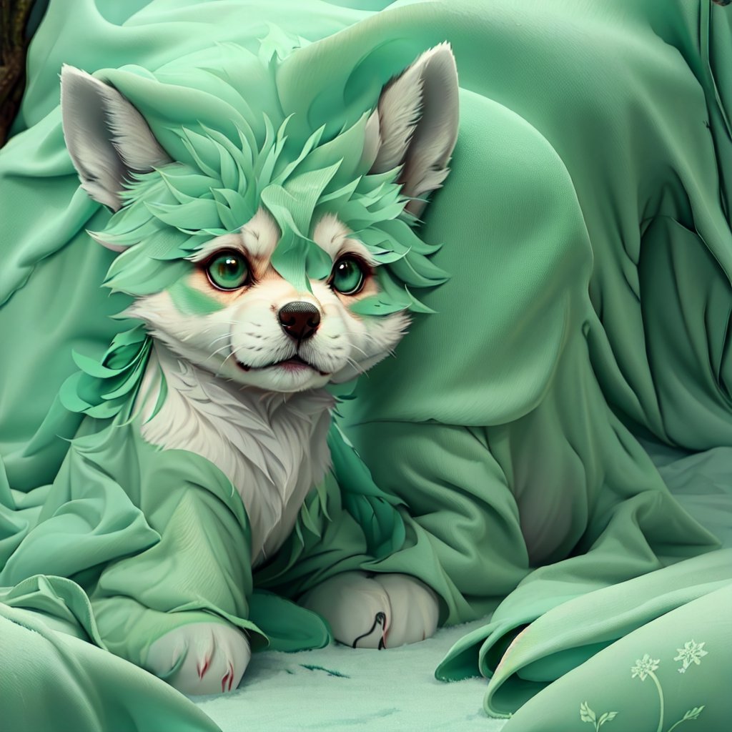 A small, trembling wolf pup with shaggy fur the color of sage green, lost in a foggy and haunted snow covered forest. Its eyes dart around nervously, searching for a way out. Suddenly, it spots a graveyard in the distance, sending shivers down its spine. The pup clutches onto its old, tattered green neck bandana for comfort, but it knows it's in for a spooky adventure.