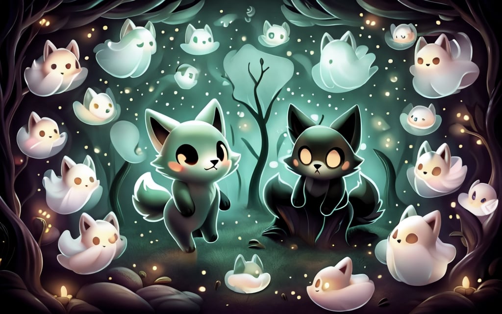 a cute scared wolf pup with sage colored fur lost in a haunted foggy forest, Chibi, sage, fog, ghosts,forest