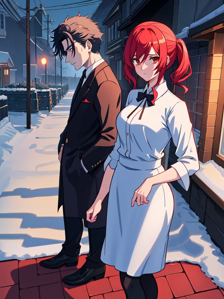 a retro anime gangster murder mystery poster "Janus Nash and a Haunted New Year.", a cold creepy snow-covered town, the shadowy-faced man hiding in the shadows with a scared beautiful young red-headed female jazz singer ghost in the distance path, accentuated black lines, 8k resolution, professional, unsettling shadows