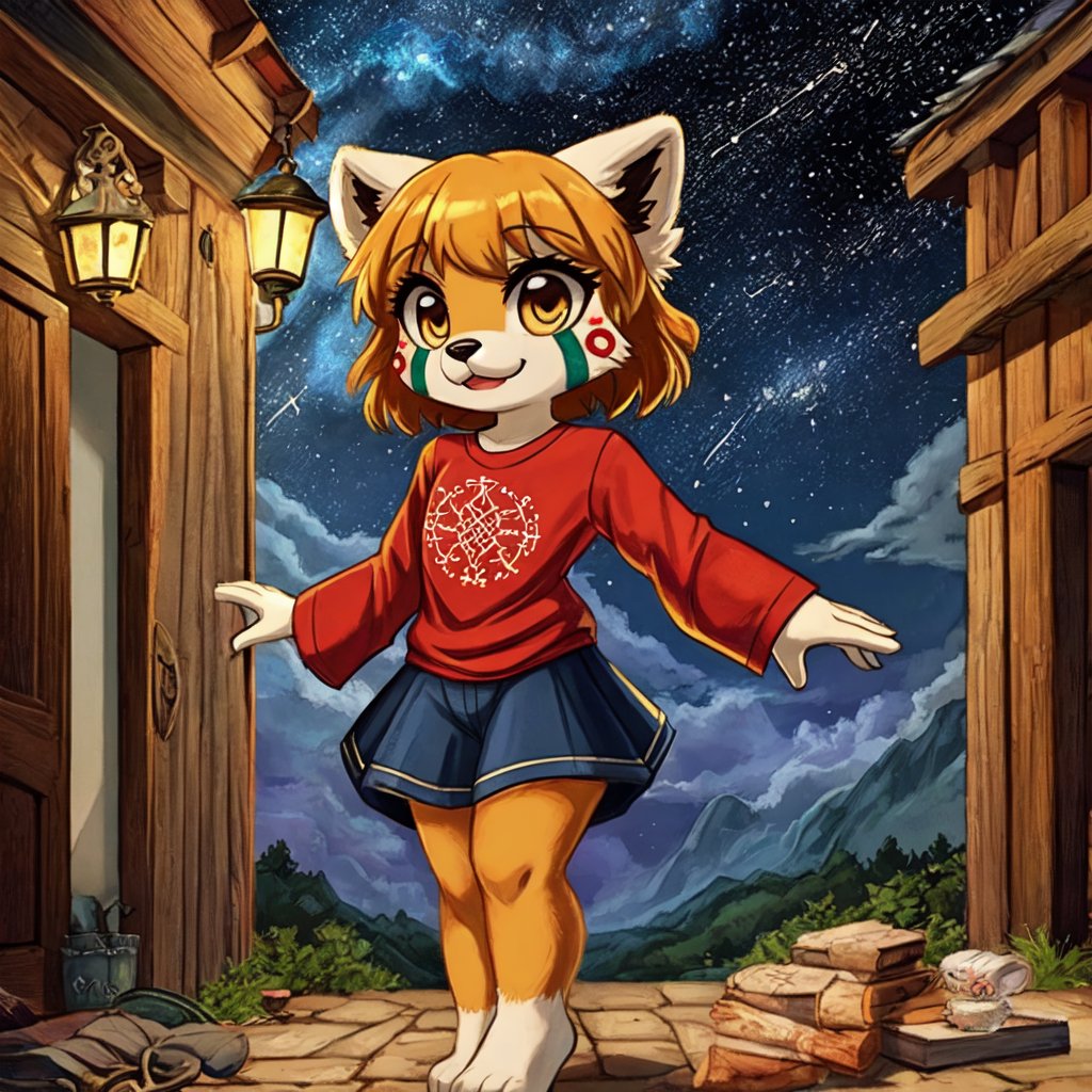 1930s (style), kawaii, a full-body portrait of an anthropomorphic male golden retriever with red panda fur markings fursuit, with glowing celestial constellation face tattoos wearing a bohemian-style outfit, with a mix of Yakut and Sami symbolism embroidered on his shirt, surrounded by the rustic beauty of a Welsh village, complex lighting and shadows,FFIXBG