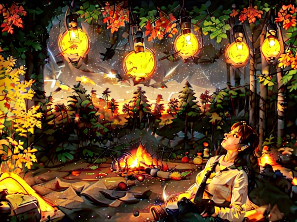 1930s (style), a girl roasting marshmallows over a campfire looking up at a stary night surrounded by maple trees, Sketch, autumn_leaves, star_(sky),Lofi,LOFI,cassdawnlvl1,day,EpicArt