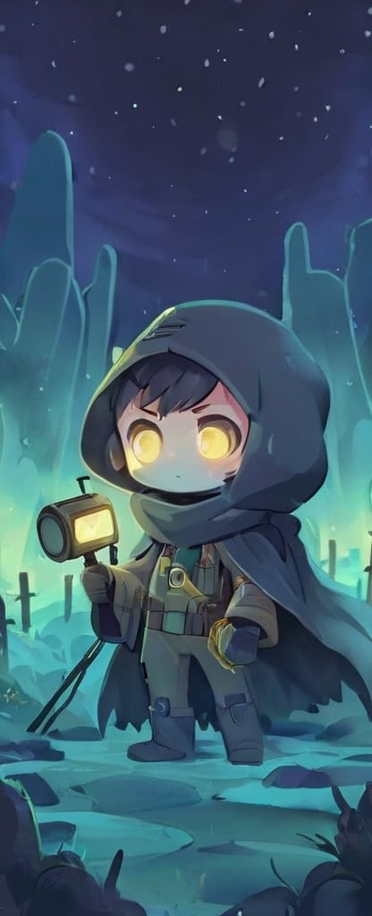 In a desolate world, a young grave digger boy roams the Bioluminescent tundra graveyard, his fur cloak and gas mask shielding him from the toxic air. With his magical miner's lantern and pick ax, he navigates the retro-future, hydro-punk landscape, reminiscent of a 1930s cartoon. But in this world, danger lurks around every corner. Will he find fortune or meet his doom on this treacherous journey?,gas mask,plague_doctor_mask ,Cybermask,3d style,chibi,sticker,kawaiitech