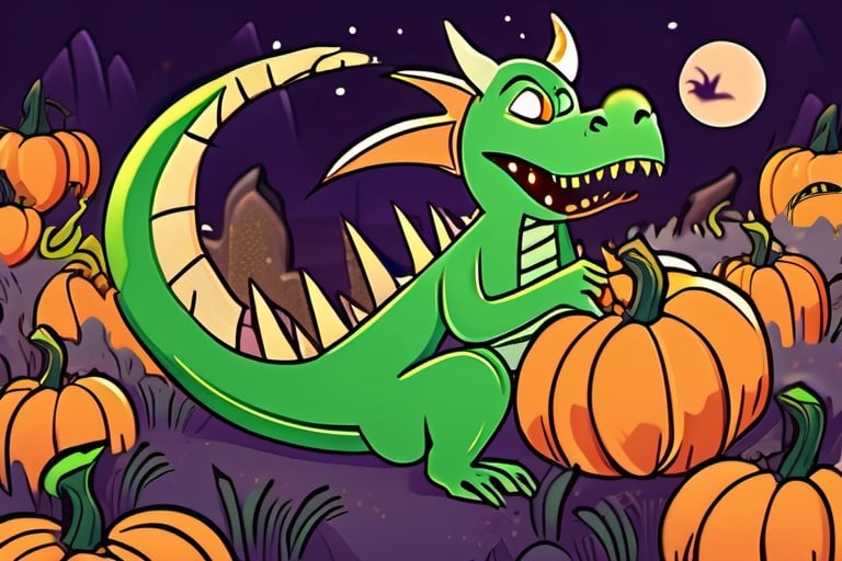 1930s style cartoon, the emerald dragon witch made of vines hiding in a spooky pumpkin patch on Halloween night