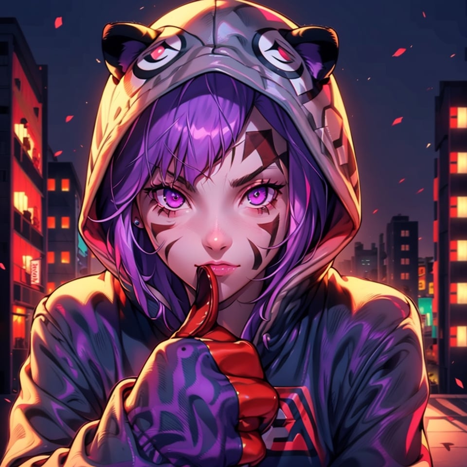 mater piece, beautiful girl in an abandoned town, red_panda, paw_gloves, Fur_boots, animal_marking, face_paint, chocolate_hair, violet_eyes, furry_jacket,yofukashi background, zombies,hinata,1990s \(style\),kusanagi motoko,city