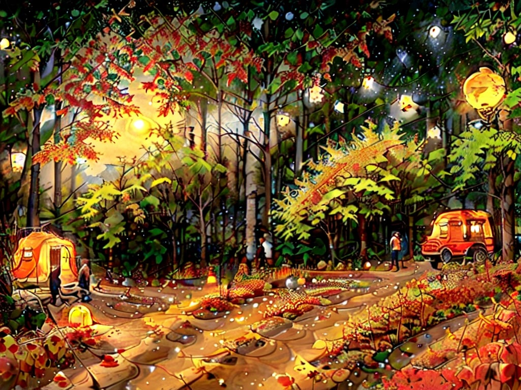 1930s (style),a campground surrounded by fall maple trees on a star-filled  night Sketch, autumn_leaves, star_(sky),Lofi,LOFI,cassdawnlvl1,day,EpicArt