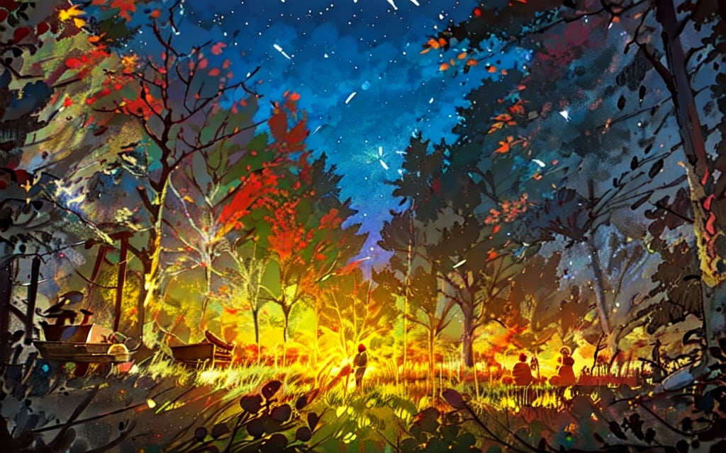 campers sitting around a campfire surrounded by fall maple trees, Sketch, autumn_leaves, star_(sky)