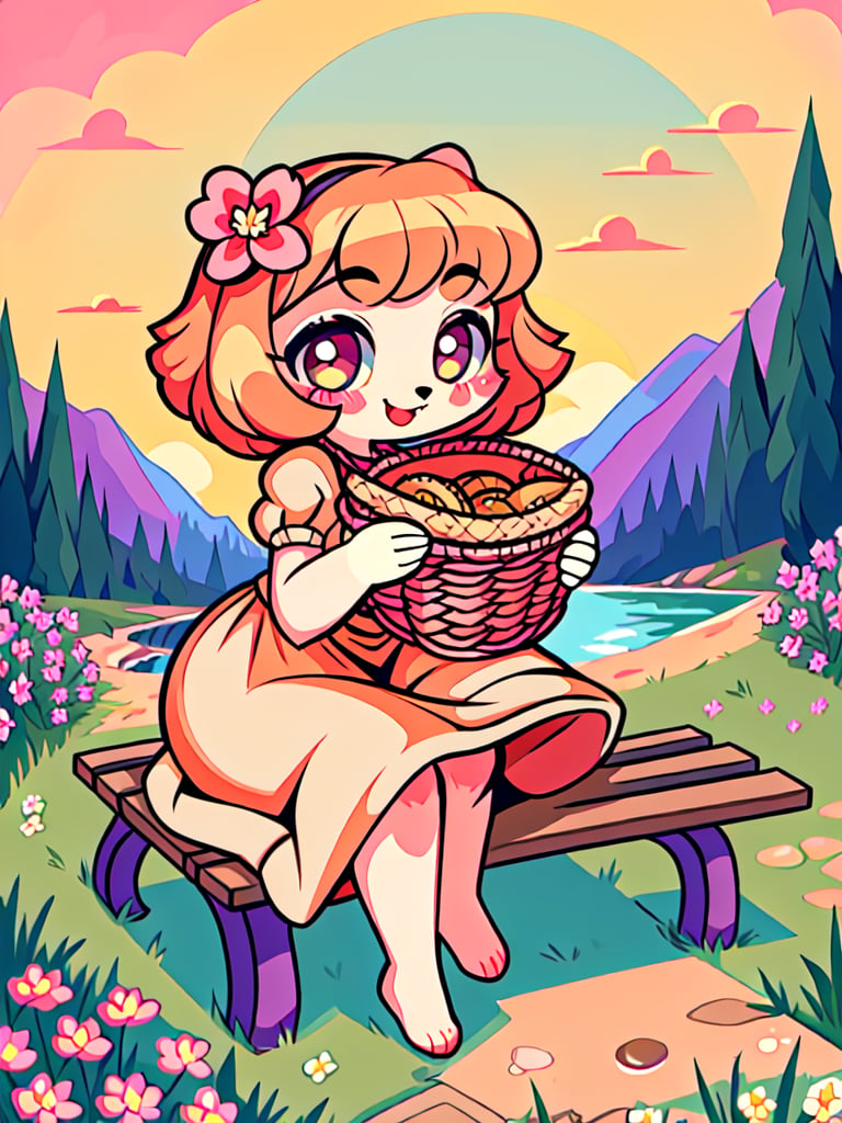 Solo_female,1930s (style), kawaii, outdoor, high_resolution, digital_art,|,a flowery field on a cool summer afternoon next to a brook| old blankets, bench, picnic, ruck_sack, basket, sack|,vectorstyle