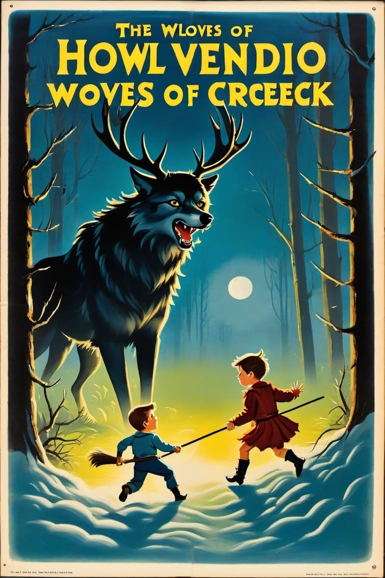 a 1950s movie poster for a 1920s Create a captivating and whimsical book cover for the juvenile horror/humor novel titled "The Howl of the Wendigo," part of the series "The Wolves of Blood Creek" by J.R. Ghostwood.