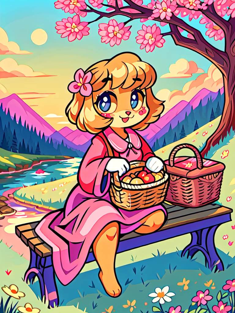 Solo_female,1930s (style), kawaii, outdoor, high_resolution, digital_art,|,a flowery field on a cool summer afternoon next to a brook| old blankets, bench, picnic, ruck_sack, basket, sack|,vectorstyle