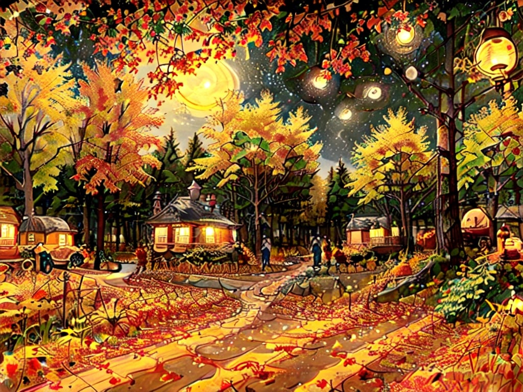 1930s (style),a cabins;s surrounded by fall maple trees on a star-filled  night Sketch, autumn_leaves, star_(sky),Lofi,LOFI,cassdawnlvl1,day,EpicArt