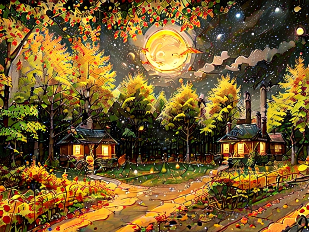 1930s (style),a cabins;s surrounded by fall maple trees on a star-filled  night Sketch, autumn_leaves, star_(sky),Lofi,LOFI,cassdawnlvl1,day,EpicArt