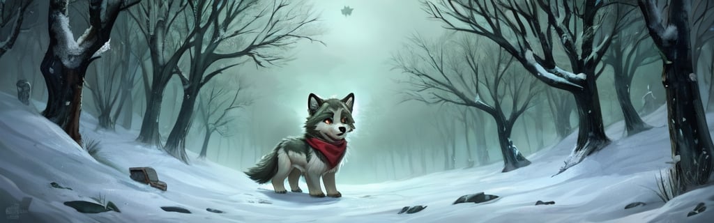 Masterpiece, A small, trembling wolf pup with shaggy fur the color of sage green, lost in a foggy and haunted snow covered forest. Its eyes dart around nervously, searching for a way out. Suddenly, it spots a graveyard in the distance, sending shivers down its spine. The pup clutches onto its old, tattered green neck bandana for comfort, but it knows it's in for a spooky adventure.,chibi