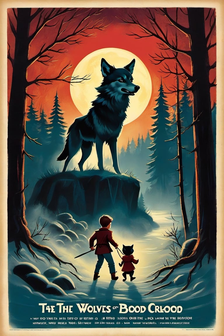 a 1950s movie poster for a 1920s Juvenile horror movie for Title: The Howl of the Wendigo Series: The Wolves of Blood Creek, by J.R. Ghostwood,Xxmix_Catecat