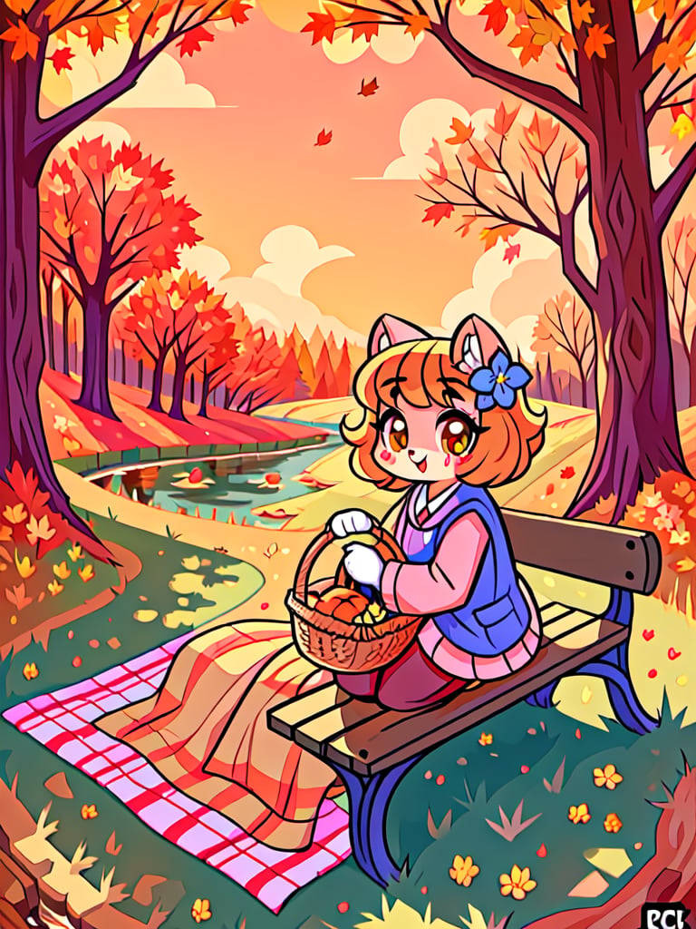 Solo_female,1930s (style), kawaii, outdoor, high_resolution, digital_art,|,a flowery field on a cool autumn afternoon next to a brook| old blankets, bench, picnic, ruck_sack, basket, sack|,vectorstyle