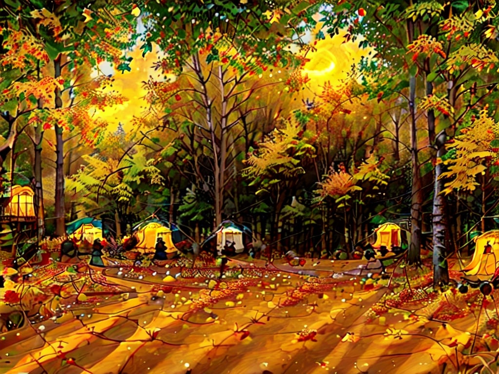 1930s (style),a campground surrounded by fall maple trees on a star-filled  night Sketch, autumn_leaves, star_(sky),Lofi,LOFI,cassdawnlvl1,day,EpicArt