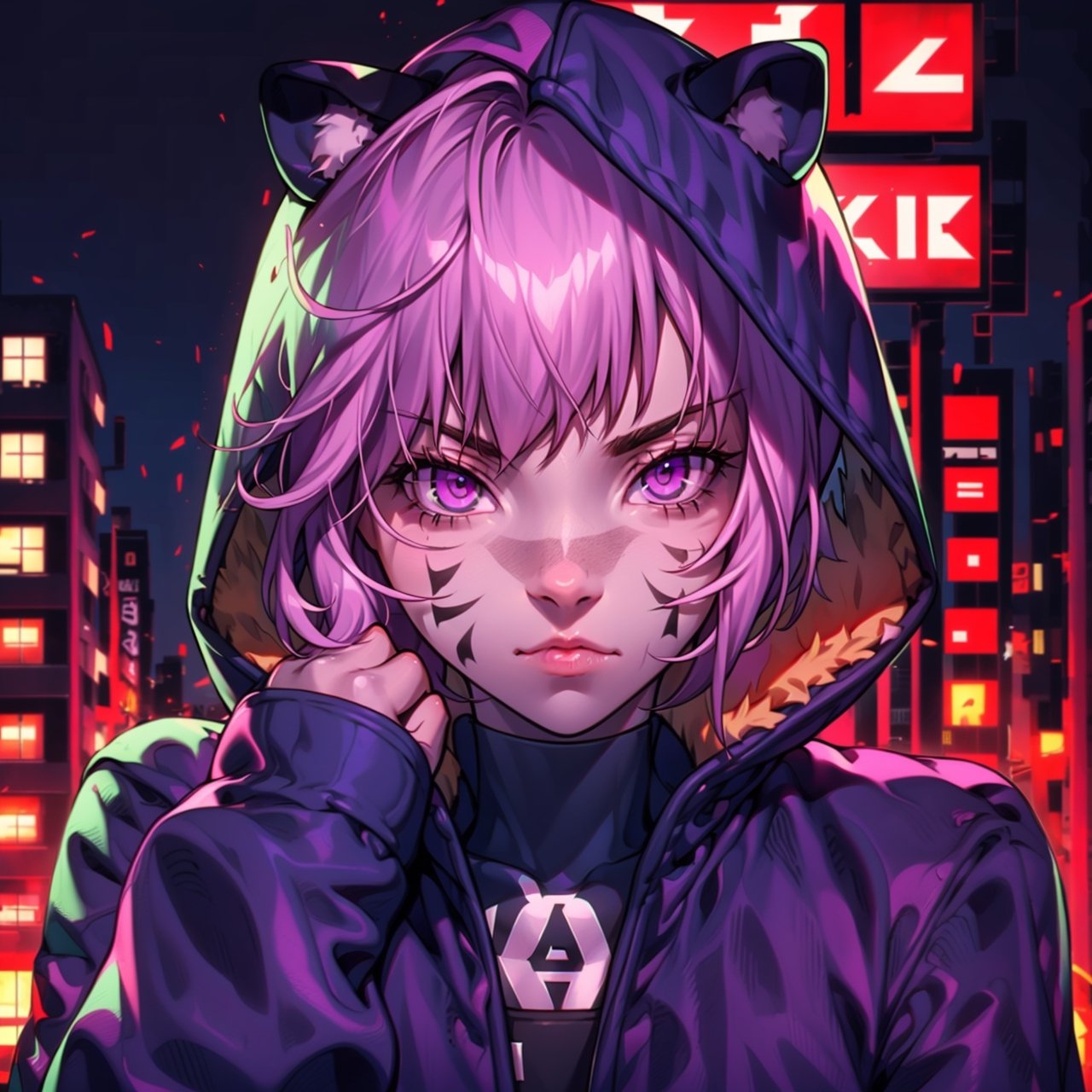 mater piece, beautiful girl in an abandoned town, red_panda, paw_gloves, Fur_boots, animal_marking, face_paint, chocolate_hair, violet_eyes, furry_jacket,yofukashi background, zombies,hinata,1990s \(style\),kusanagi motoko,city