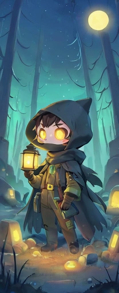 In a desolate world, a young grave digger boy roams the Bioluminescent tundra graveyard, his fur cloak and gas mask shielding him from the toxic air. With his magical miner's lantern and pick ax, he navigates the retro-future, hydro-punk landscape, reminiscent of a 1930s cartoon. But in this world, danger lurks around every corner. Will he find fortune or meet his doom on this treacherous journey?,gas mask,plague_doctor_mask ,Cybermask,3d style,chibi,sticker,kawaiitech