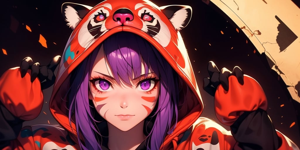 beautiful girl in an abandoned town, red_panda, paw_gloves, Fur_boots, animal_marking, face_paint, chocolate_hair, violet_eyes, furry_jacket,yofukashi background