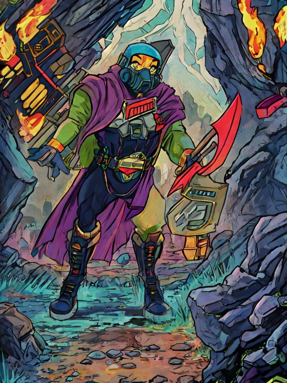 In a desolate world, a young grave digger boy roams the Bioluminescent tundra graveyard, his fur cloak and gas mask shielding him from the toxic air. With his magical miner's lantern and pick ax, he navigates the retro-future, hydro-punk landscape, reminiscent of a 1930s cartoon. But in this world, danger lurks around every corner. Will he find fortune or meet his doom on this treacherous journey?,gas mask