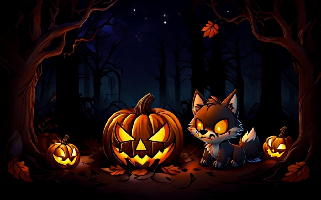 Comic_Strip, a cute scared wolf pup lost in a haunted forest, autumn_leaves, wolf, chibi, night, spooky,cute00d,Jack o 'Lantern