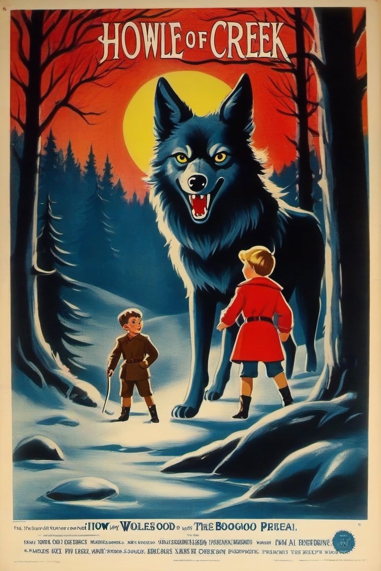 a 1950s movie poster for a 1920s Juvenile horror movie for Title: The Howl of the Wendigo Series: The Wolves of Blood Creek, by J.R. Ghostwood,Xxmix_Catecat