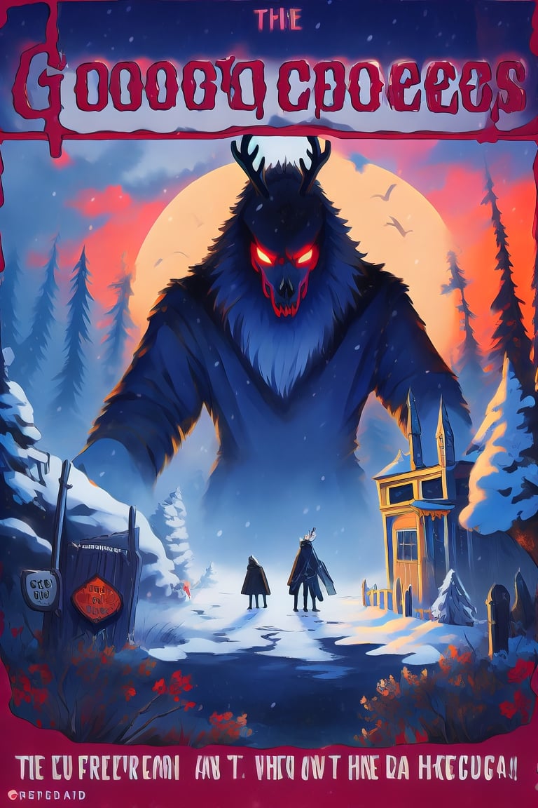 Create a captivating and whimsical 1950s movie poster for a 1920s juvenile horror/humor novel titled "The Howl of the Wendigo," part of the series "The Wolves of Blood Creek" by J.R. Ghostwood.

Key Elements:

Setting: A snowy landscape with a hint of eerie moonlight, conveying the chilling winter atmosphere.

Characters: Include the main characters, Sagie, Lavie, and Birdie, standing united against the backdrop of the menacing Wendigo's eyes in the storm.

Wolves: Showcase the Blood Creek wolves, emphasizing their pack dynamic and unique personalities.

Humor and Horror: Infuse a balance of humor and horror elements to reflect the book's dual genre, perhaps through the expressions and interactions of the characters.

Title and Series: Clearly highlight "The Howl of the Wendigo" as the title, and "The Wolves of Blood Creek" as the series, with the author's name, J.R. Ghostwood.

Feel free to play with color schemes, lighting effects, and visual elements that resonate with a juvenile horror/humor theme