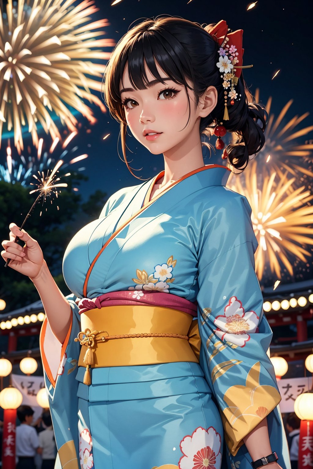 a girl in a blue and orange floral kimono watches a fireworks display at a Japanese festival,  big_breasts by leo.ai.anime...