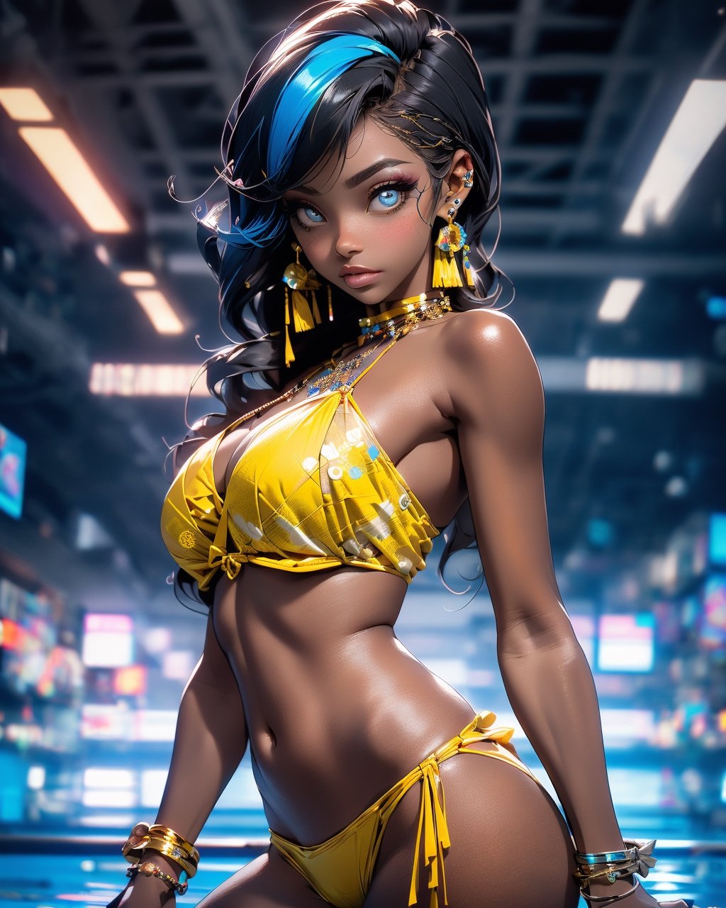 beautiful black skin woman, bandeau on breasts, (((intricate/epic/classy/fancy/shiny/colorful/yellow bikini))), gloss/jewels/earing, (((shiny/intricate/details/beautiful/cute/colorful eyes))), landscape, pool, swim