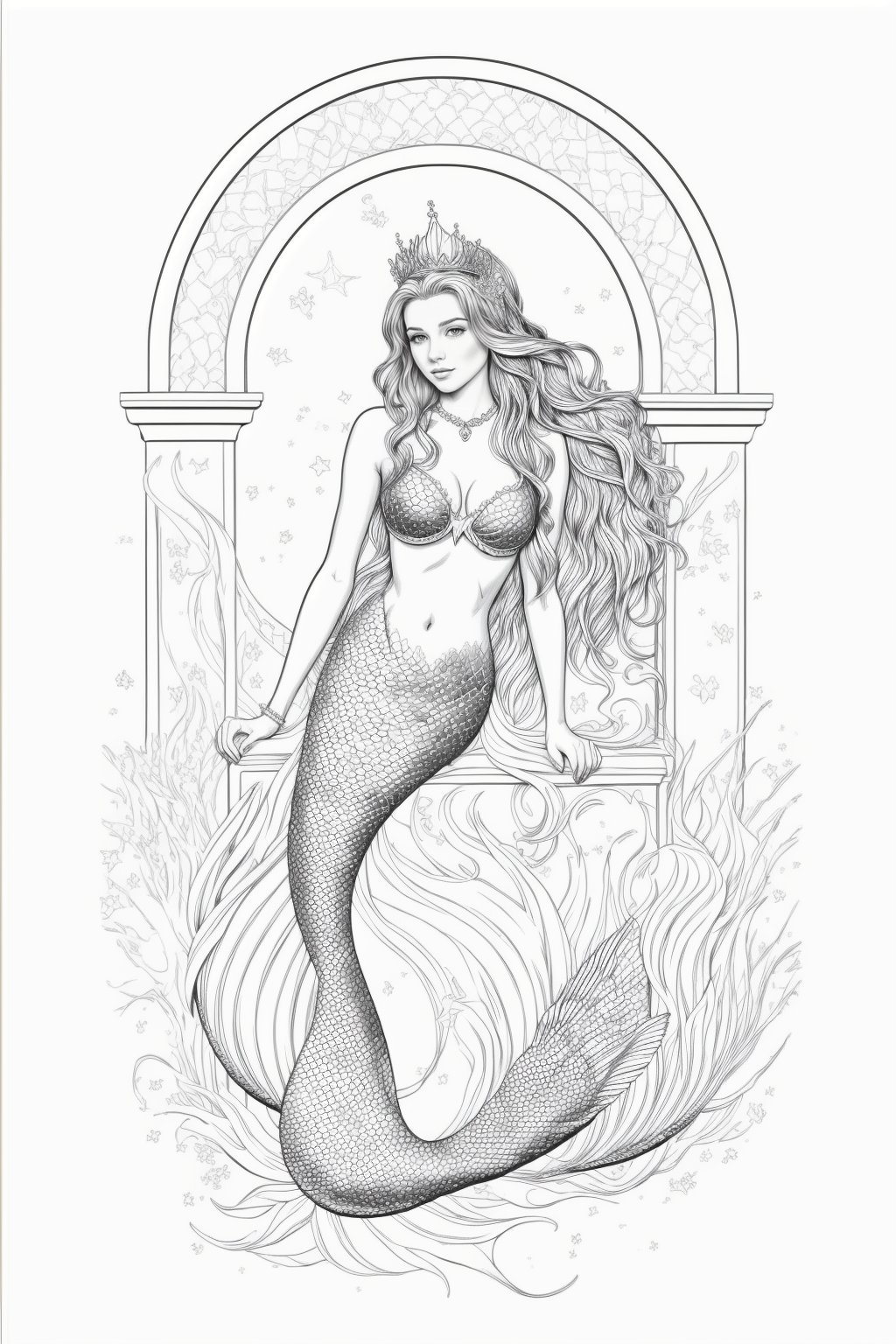 mermaid coloring pages image printable coloring pages,  in the style of hyperrealistic fantasy,  contemporary surrealistic...