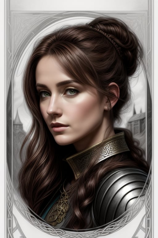 Celtic portrait adult coloring page of a beautiful elvin mage woman from D&D,  in the style of hyperrealistic fantasy,  li...