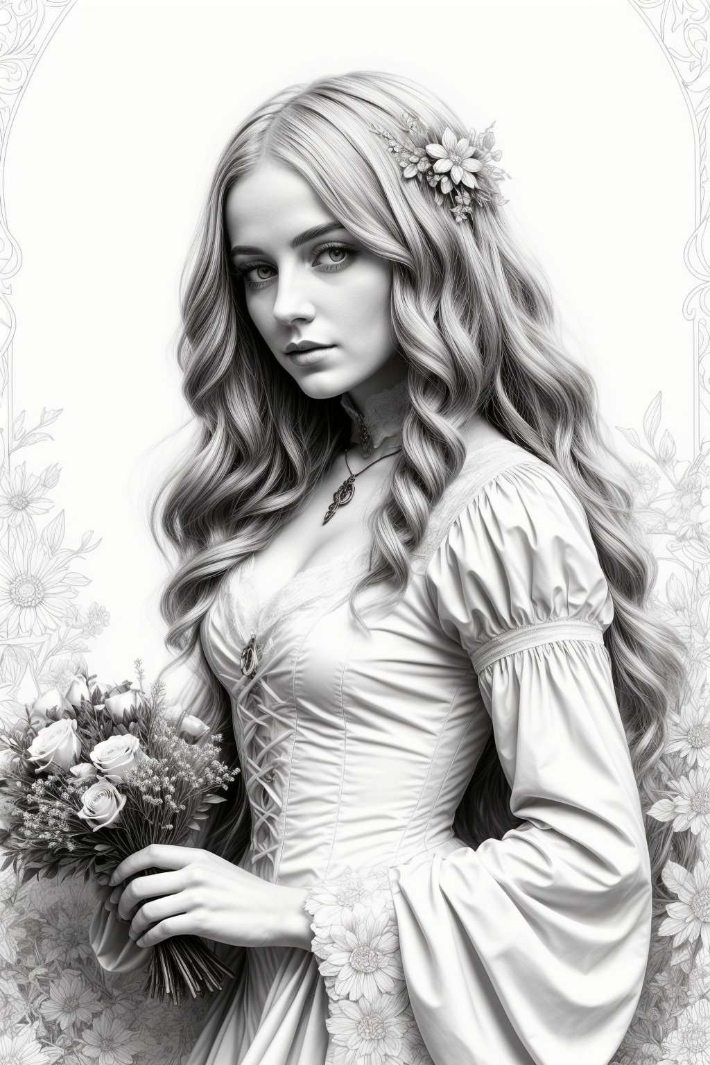 a coloring page of a woman with flowers,  in the style of gothic grandeur,  realistic yet stylized by Lunaseas on Tensor.Art